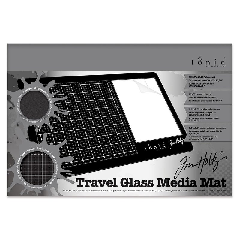 TONIC STUDIOS Tim Holtz Travel Glass Cutting Mat - Portable Work Surface with 8x8 Measuring Grid and Palette for Mixed Media - Art Supplies with Carry Case - Image 1